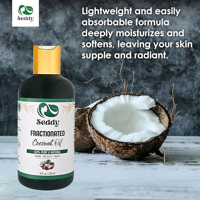 Seddy MCT Fractionated Coconut Oil - Unscented 100% Natural - Hexane Free - Premium Grade Daily Hydration Carrier Oil for Moisturizing Skin, Hair, and Body - 8 Fl. Oz