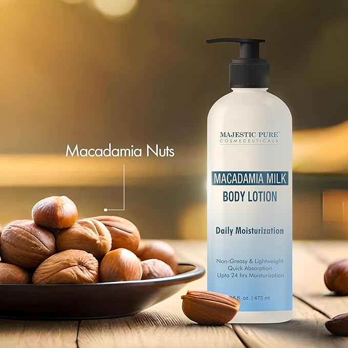Majestic Pure Macadamia Milk Daily Moisturizing Body Lotion with Aloe Leaf Extracts | Nourishing & Moisturizing | Quick Absorbing, Lightweight & Non Greasy | For All Skin Types | 16fl oz