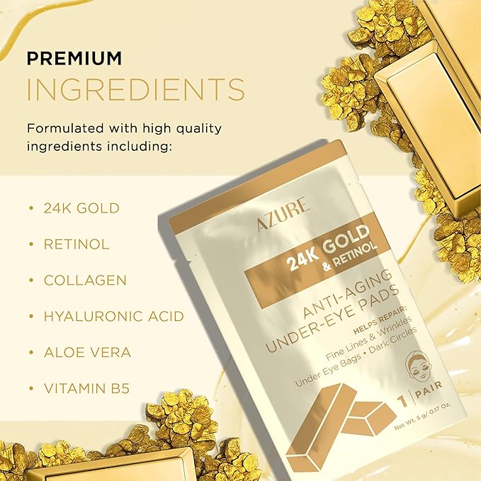 Azure Cosmetics 24K Gold & Retinol Anti Aging Under Eye Patches - Nourishing, Smoothing Hydrating Eye Mask - Reduces Fine Lines, Wrinkles, Dark Circles & Puffiness - Made in Korea - 5 Pairs