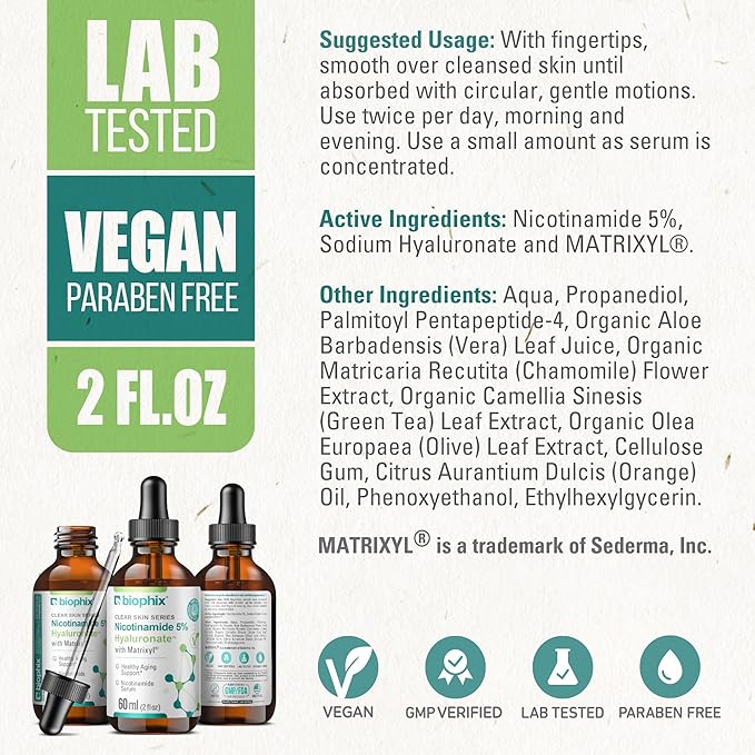B-3 Nicotinamide Age-Defying Liquid Serum 2 oz - Hyaluronic Acid - Matrixyl ® - Supports Skin Health - Healthy Aging