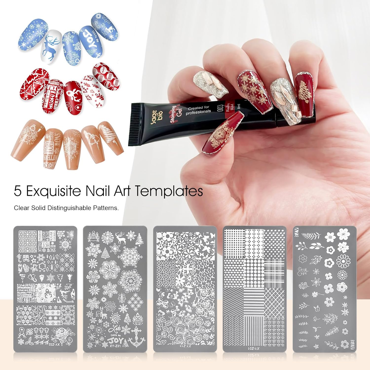 8 Colors Nail Stamping Polish Gels +5Pcs Stamp Print Templates+A set of Stamper with Scraper, Stamping Nail Polish Art Set Manicure Gift Collection