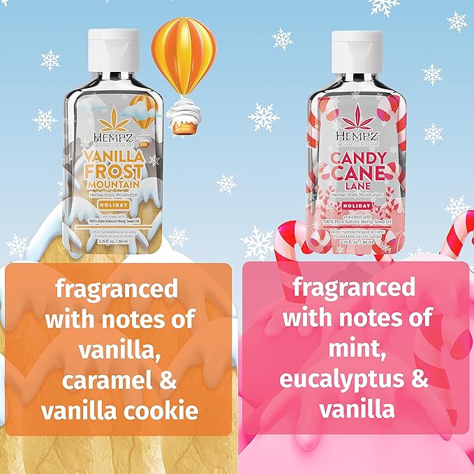 Hempz Sweet Duo Candy Cane Lane (2.25 Oz) & Vanilla Frost Mountain (2.25 Oz) Body Moisturizer Holiday Gift Set - Mini Holiday Scented Travel Cream Skin Care for Women & Men, Made with Shea Butter