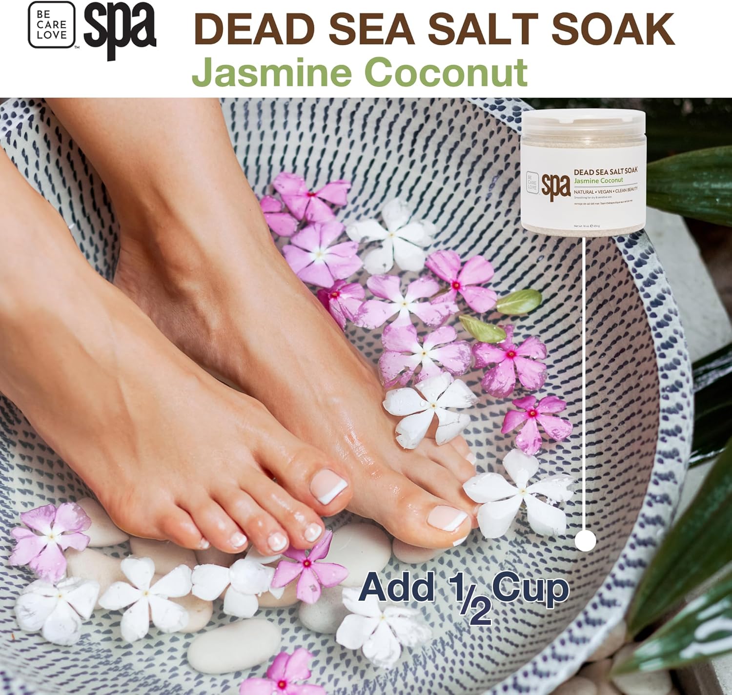 BCL SPA Dead Sea Salt Soak - Bath Salt with Organic Jasmine + Coconut, Shae Butter, Arnica, Aloe Vera Juice, Chamomile, Argan Oil & Jojoba Oil Skin Exfoliator - Home/Professional Use 16 fl oz