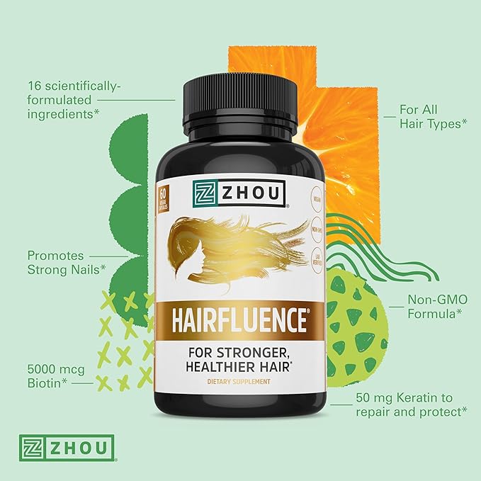 Zhou Hairfluence - Vegan Biotin Supplement for Hair Growth for Men & Women, Supports Stronger, Healthier Hair, Nails, & Glowing Skin with B Vitamin Complex - 60 Veggie Capsules (Pack of 1)