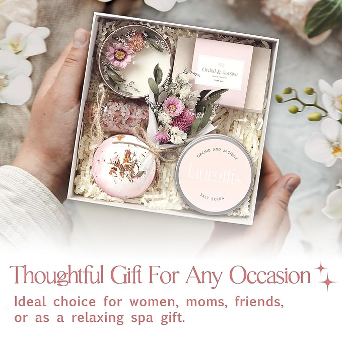 Orchid & Jasmine Spa Gift Baskets for Women – Luxury Birthday Bath Gifts for Mom, Wife, Sister, Friend - Self-Care and Relaxation Mother’s Day Gifts - Gift Baskets for Her for All Occasions