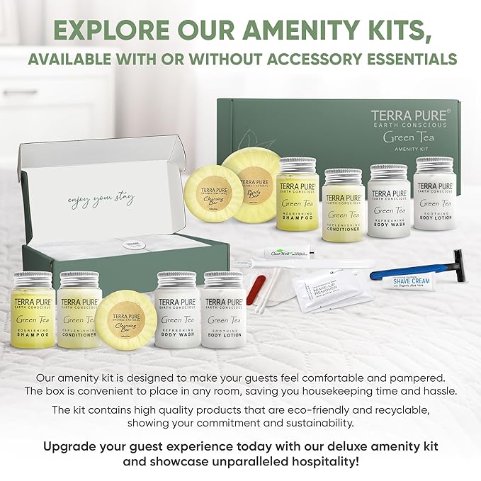Terra Pure Green Tea Amenity Kit | Boxed Hotel Bulk Toiletries | 1 oz Shampoo, Conditioner, Lotion, Body Wash, Body Bar Soap for Guest Hospitality Vacation Rentals | 1 Set/Case