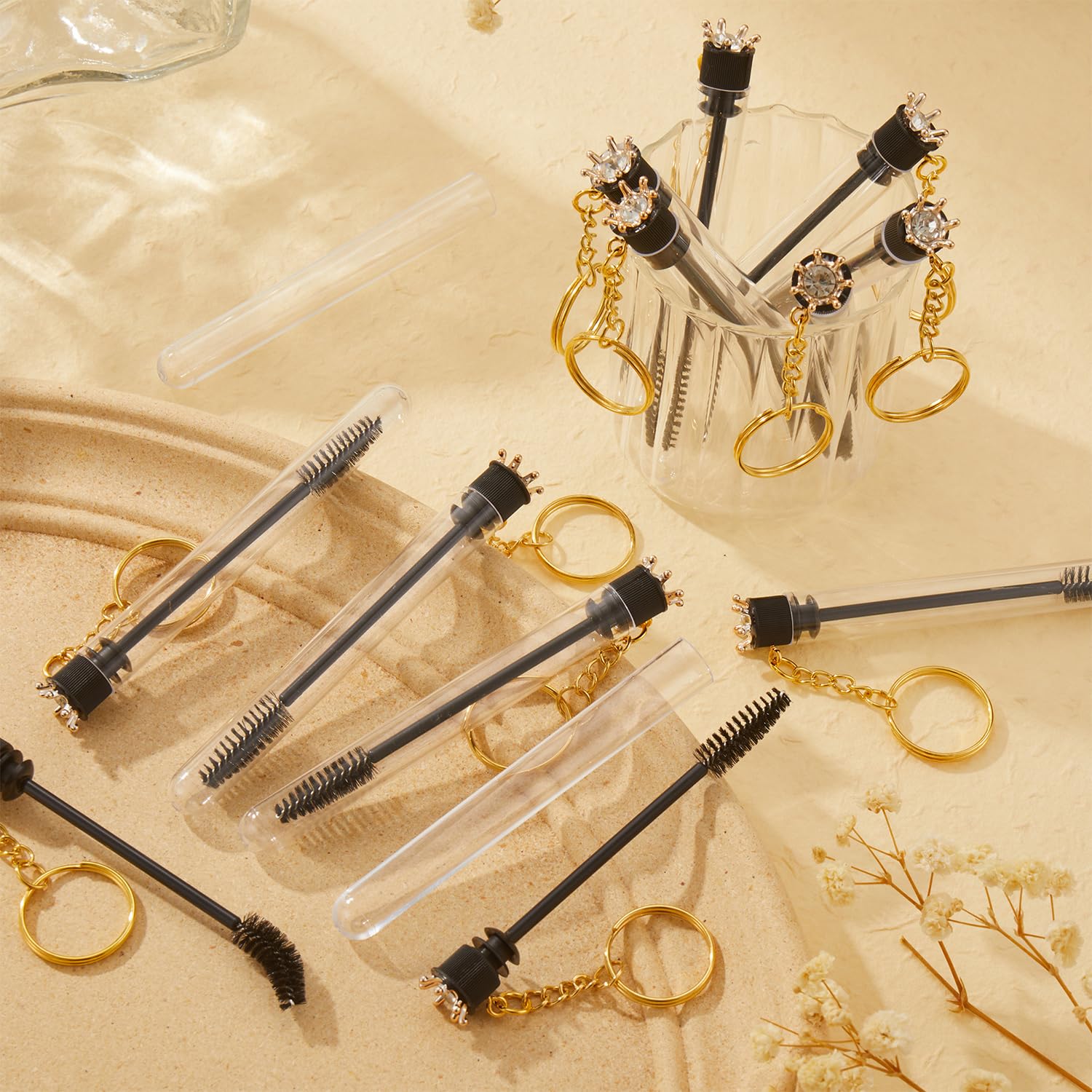 Upgrade 48 Pieces Disposable Mascara Wands Set,Diamond Mascara for Women and Girls- Include 24 Pcs Crystal Lash Spoolies Brush and 24 Pcs Reusable Keychain Empty Eyelash Brush Tubes