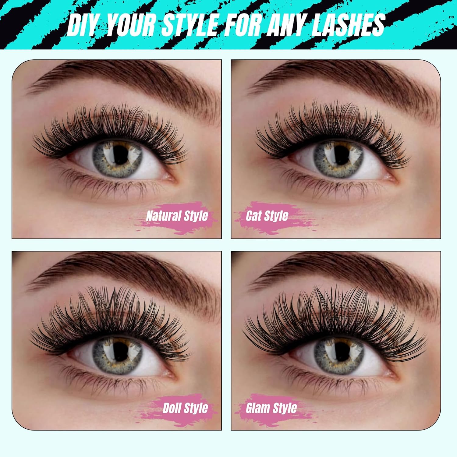 AMZGIRL LASH Midnight DIY Lash Extension Kit, 144 pcs Eyelash Clusters Kit Lash Bond and Seal, Lash Glue Remover and Applicator for Individual False Eyelashes Kit Lash Extensions(D-Mix 8-16mm Kit)