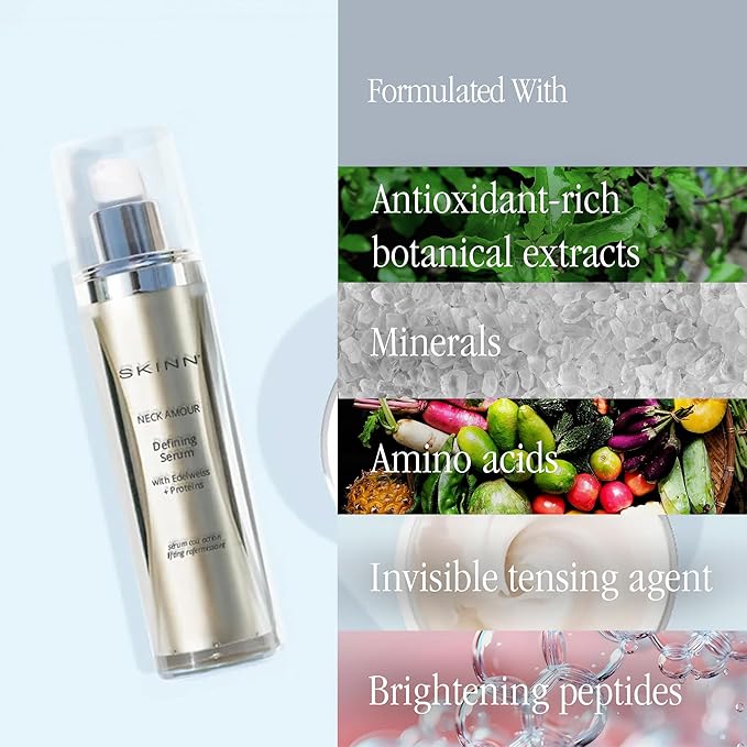SKINN Neck Amour Defining Serum - Anti-Aging Neck Firming & Tightening Cream - Hydrating & Brightening Peptides Exfoliates Lifts & Firms Skin for Radiant Complexion - Enriched with Rice Protein