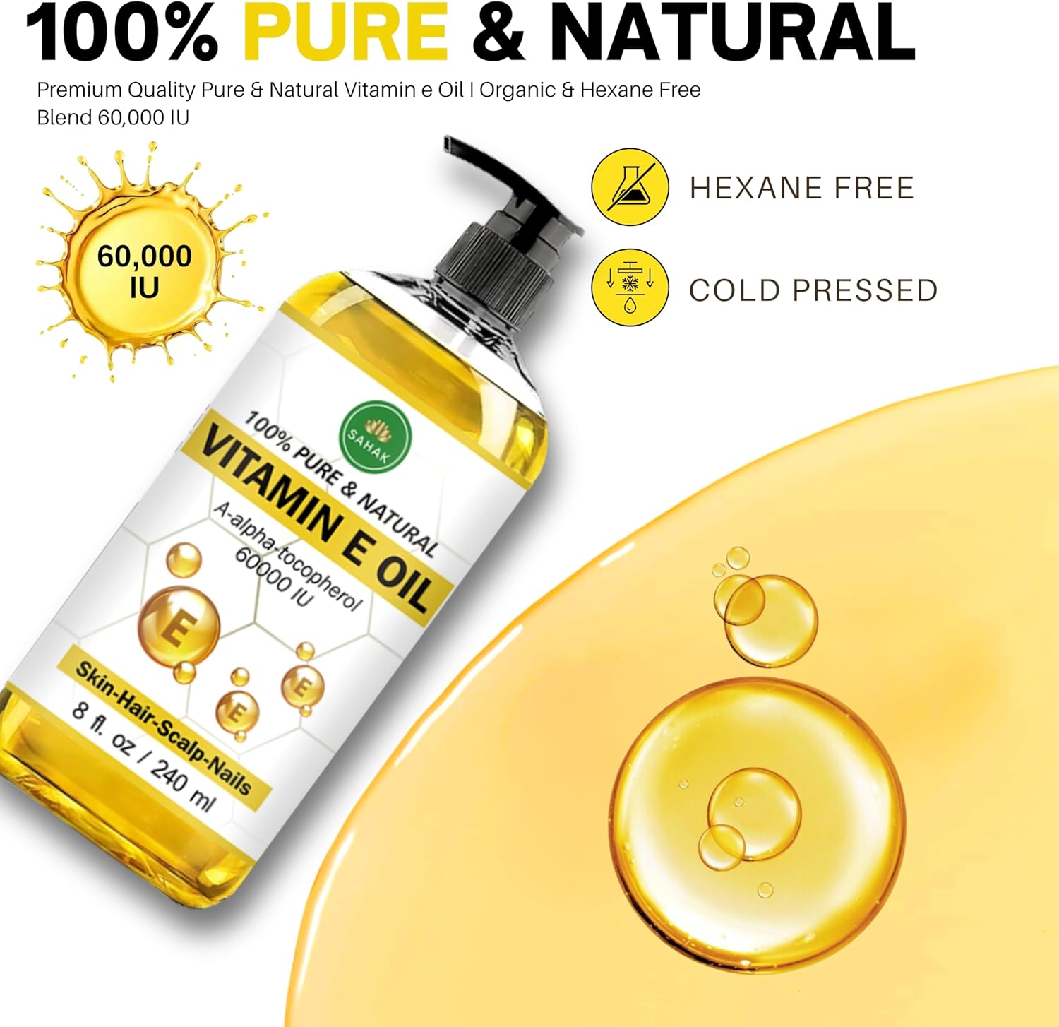 Vitamin E Oil 60,000 IU – Organic & Pure E-Oil Blend for Skin, Hair & Nails | Natural Body Oil with Vitamin E for Stretch Marks, Scars & Face Moisturizing – 100% Liquid Vitamin E Skin Care