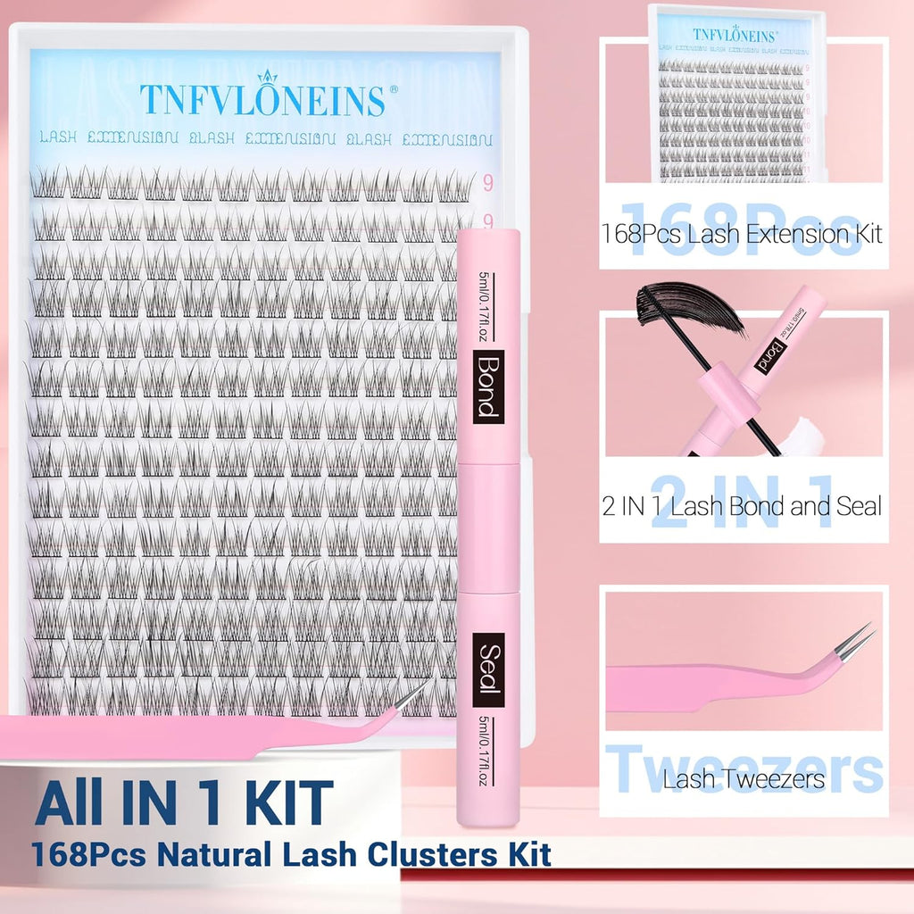 Natural Lash Extension Kit 168Pcs Lash Clusters Kit Wispy Eyelash Extensions 9-12MM Individual Lashes Extensions with Bond and Seal Lash Glue and Eyelash Extension Tweezers DIY at Home by TNFVLONEINS