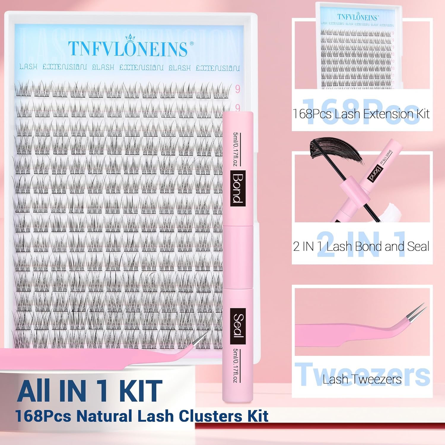 Natural Lash Extension Kit 168Pcs Lash Clusters Kit Wispy Eyelash Extensions 9-12MM Individual Lashes Extensions with Bond and Seal Lash Glue and Eyelash Extension Tweezers DIY at Home by TNFVLONEINS
