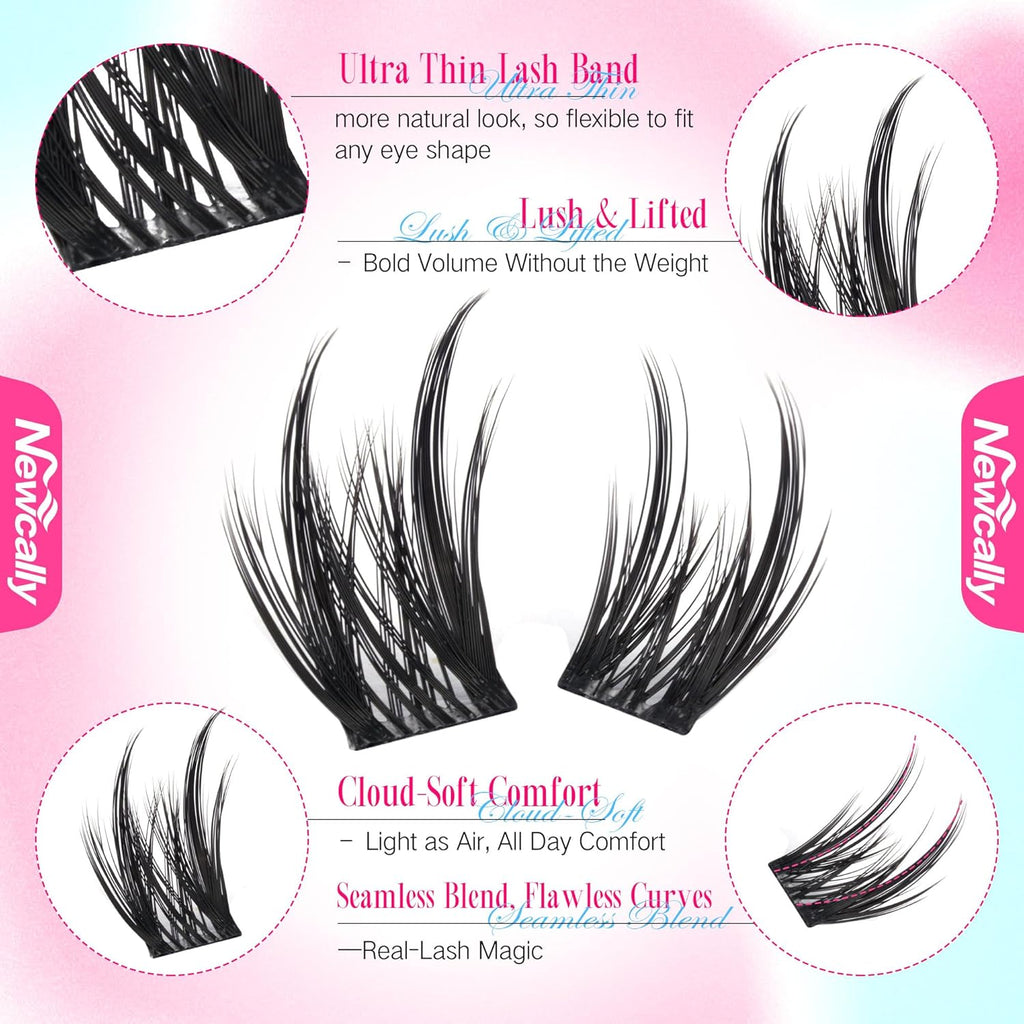 Cat Eye Lash Clusters Kit Wispy Manga Lash Extension Kit Natural Look Cluster Eyelash Extensions Fairy D-curly Cluster Lashes Kit 9-16MM DIY Eyelash Extension Kit by Newcally