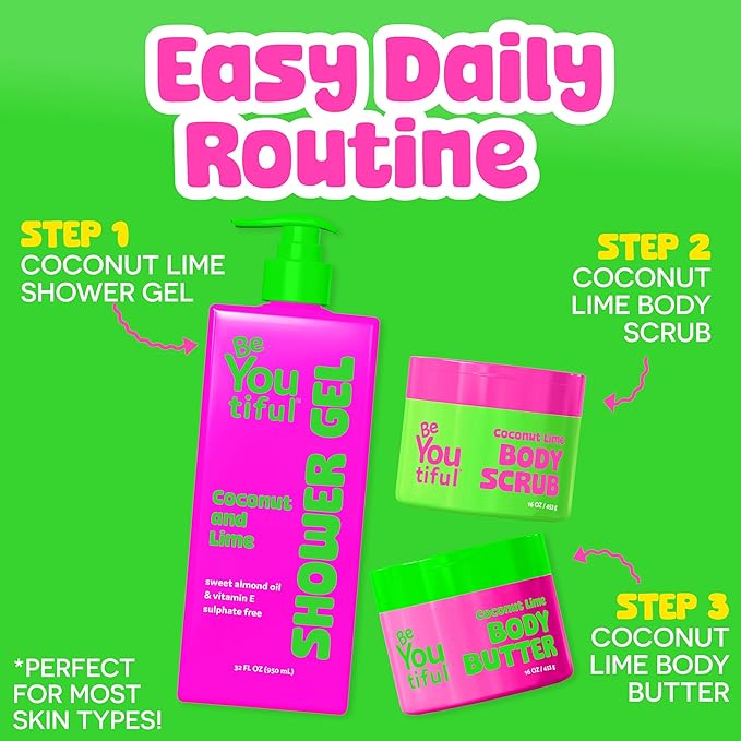 BeYOUtiful Coconut Lime Body Sugar Scrub for Kids & Teens - Gentle Exfoliating Scrub with Shea, Sweet Almond Oil & Vitamin E, Cruelty-Free, 16 oz