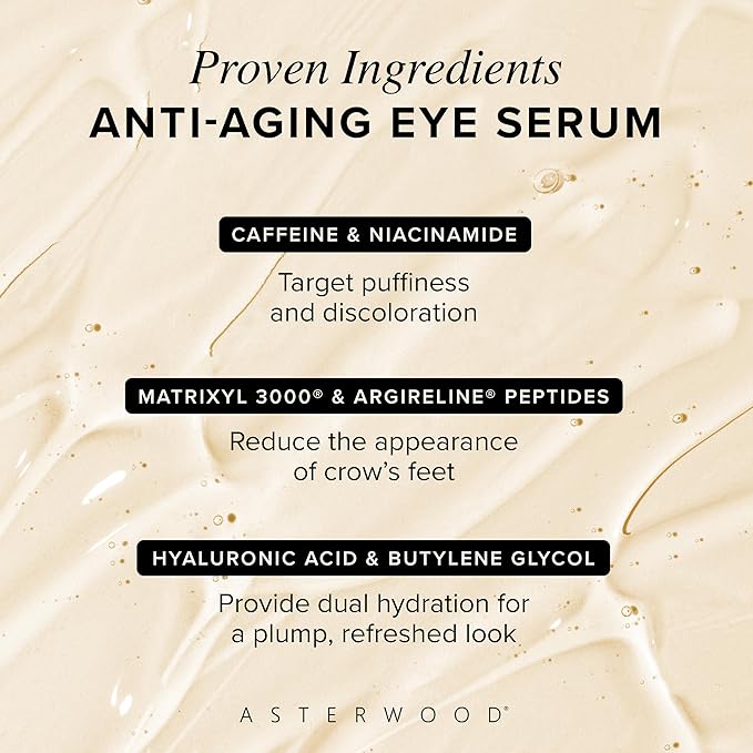 Asterwood Hyaluronic Acid Eye Serum - Reduces Undereye Bags, Wrinkles, Dark Circles, Fine Lines, & Crow's Feet - with Matrixyl 3000, Niacinamide & Caffeine - Treatment for Women & Men - 0.5 Fl Oz