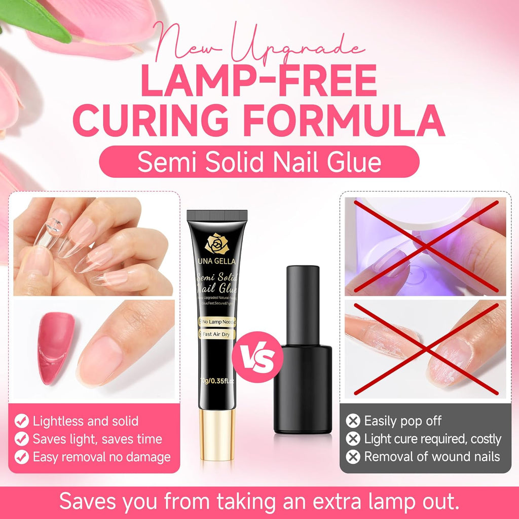 UNA GELLA No Lamp Need Solid Nail Glue for Press Ons: Nails Acrylic Nails Super Strong Semi Nail Glue Gel Fast Curing 10ml*2pcs Long Lasting Gel Glue Kit
