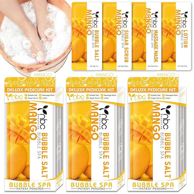 Pedicure Kit Foot Soak Set: Bubble Salt, Sugar Scrub, Massage Mask, Massage Lotion in a Box, 4 Step Foot Spa Kit for Dry Feet,Tired Feet（3 Set Mango)