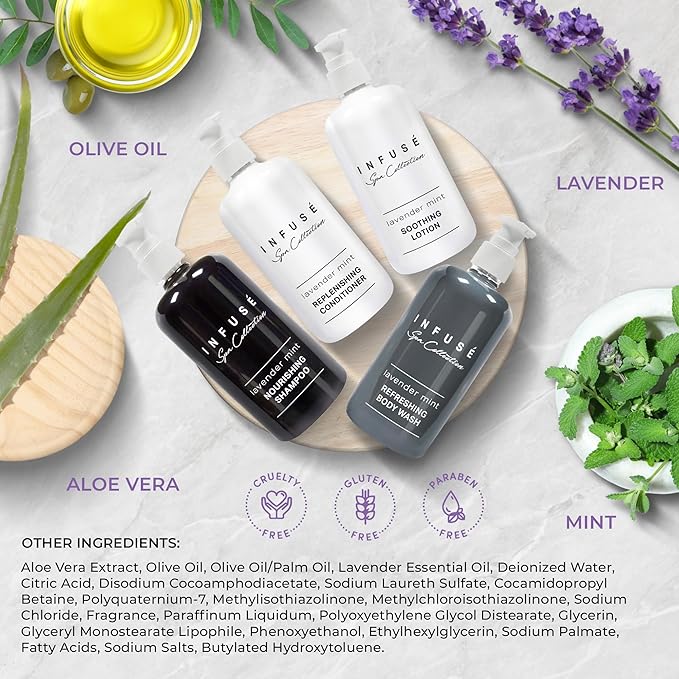 1-Shoppe Infuse Lavender Mint Spa Collection Amenities Set | 10.14 oz Pumps | Shampoo, Conditioner, Hand/Body Wash, Lotion