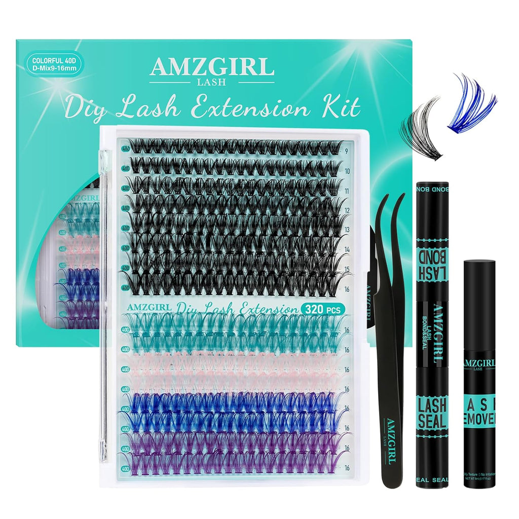 Lash Clusters Kit 320Pcs,40D Eyelash Extension Kit,Lash Bond and Seal Waterproof,Lash Remover for Colorful Individual Cluster Lashes Kit,Lash Applicator Tool for DIY Lash Extension Kit(D-Mix9-16mmKit)
