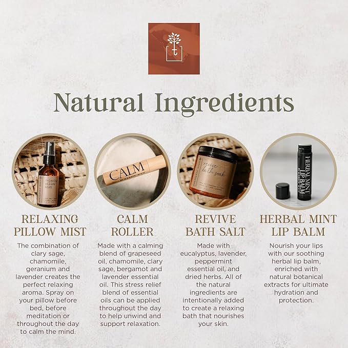 Spa Kit for Women – Relaxing Self Care Gift Set with Lavender Pillow Spray, Mint Lip Balm, Calm Essential Oil Roller & Epsom Salt Bath Soak – Luxury Pampering Package for Home & Bath