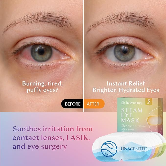 Body Restore Self Heated Steam Eye Mask 5 Pack - Fathers Day Unique Gifts for Dad, Relaxation Gifts for Her and Him, Best Friend, Stye Eye Treatment, Travel Essentials - Variety