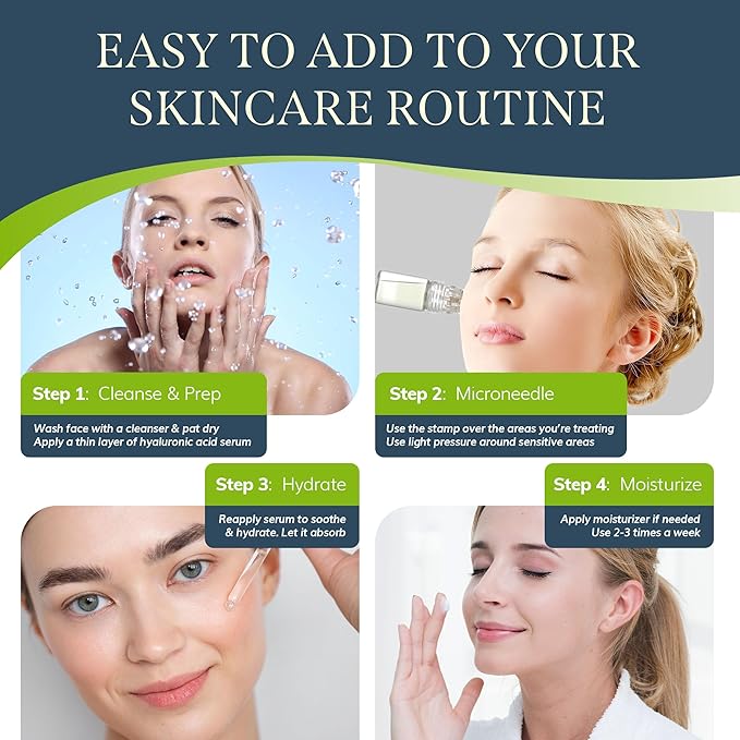 Microrevive Titanium Micro Infusion Facial System - Home Microneedling Kit with Collagen-Stimulating Derma Stamp & Premium Hyaluronic Acid Serum - Set Includes 1 Serum, 1 Applicator & 1 Dropper