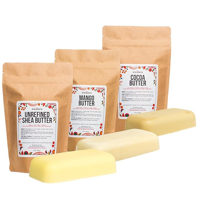 Better Shea Butter Set of Raw Shea Butter, Raw Mango Butter, Unrefined Cocoa Butter For Soap Making and DIY Body Butters, Lip Balms, Body Lotions - Each Jar is 8 oz Making 24 oz Total (3-Bar Set)