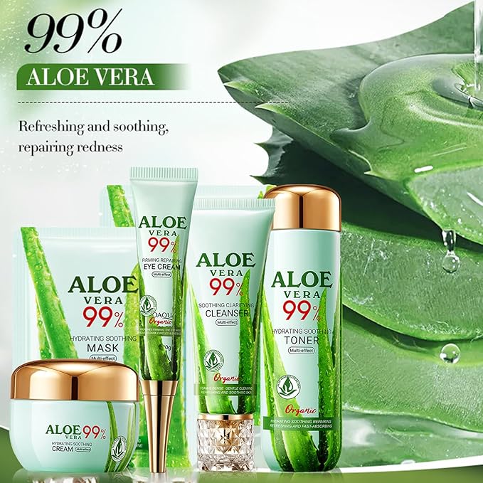 Aloe Vera Skin Care Set, Organic Aloe Vera Moisturiser Skincare Set, Aloe Vera Skin Care Routine Kit For Women Hydraing & Repair, 99% Aloe Vera With Cleanser,Face Cream,Toner,Eye Cream,Face Mask