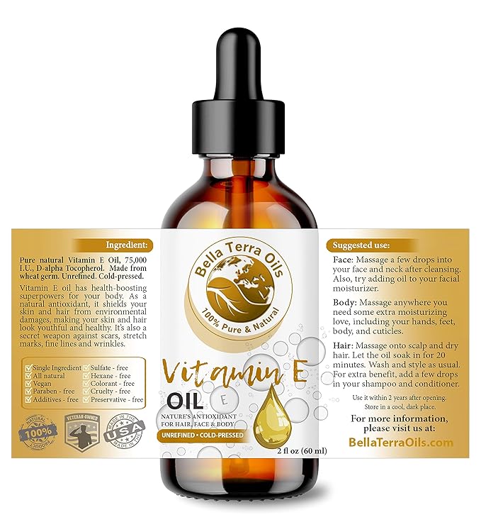 Bella Terra Oils - Organic Vitamin E Oil 2oz - Celebrate Natural Organic Vitamin E's Nutrient-Rich Legacy, D-Alpha Tocopherol Derived, A Must-Have for Luxurious Skin