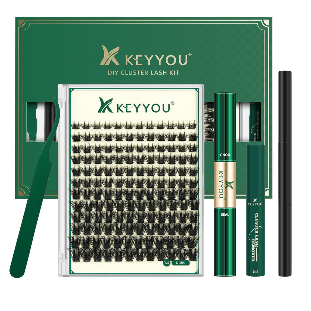 DIY Lash Extension Kit KEYYOU 144pcs Lash Clusters Eyelash Extension Kit with Mascara Brush Bond and Seal Lash Remover Lash Applicators Lash Brush for DIY Lash Extensions (Y22 Kit)