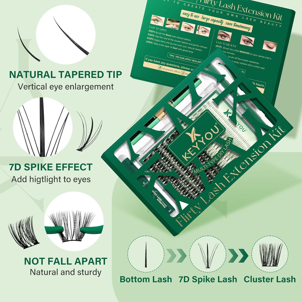 KEYYOU Lash Extension Kit Mixed 5-16mm Eyelash Extension Kit with Bottom Lashes Multi-Type Lash Clusters with Bond and Seal Applicator and Remover DIY at Home