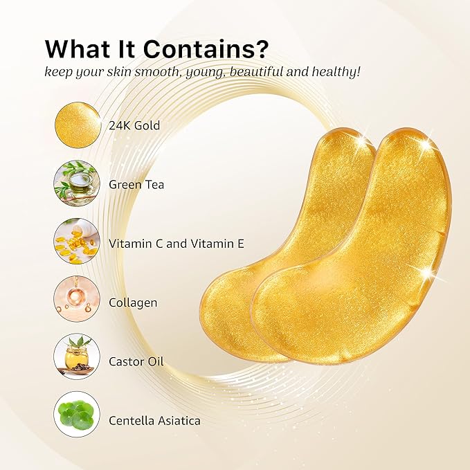 24k Gold Under Eye Mask, Reduce Puffy Eyes, Wrinkles And Undereye Bags (20 Pairs) Dark Circles Under Eye Treatment, Eye Cooling Mask, Gel Under Eye Patches With Vitamin E And Collagen.