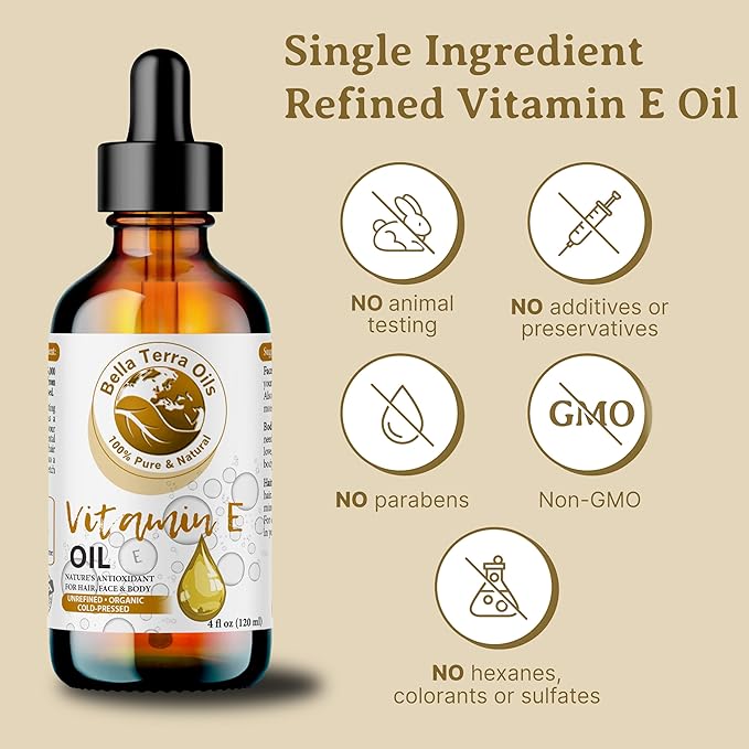 Bella Terra Oils - Organic Vitamin E Oil 16oz - Embrace the Purity of D-Alpha Tocopherol, The Strongest Form of Organic Vitamin E, Perfect Harmony with Skin's Natural Essence