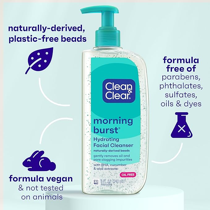 Clean & Clear Morning Burst Oil-Free Hydrating Facial Cleanser with BHA, Cucumber & Aloe Extracts, Face Wash Gently Removes Oil & Pore Clogging Impurities, 8 fl. oz