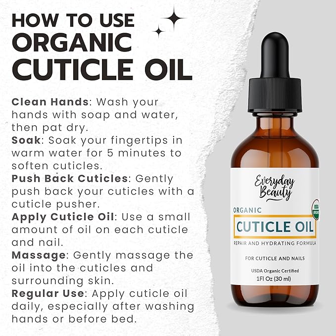 Organic Cuticle & Nail Oil - Repair, Revitalize & Hydrate Cuticles and Nails - Organic Spa Treatment - For Stronger Healthier Nails and Cuticles - 1 Fl Oz Glass Bottle with Nail Brush and Dropper