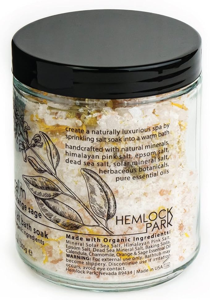 Hemlock Park Calm Essential Oil Bath Soak | Naturally Soothing Mineral Sea Salt and Botanicals | 10.5 oz Jar | Blood Orange Sage