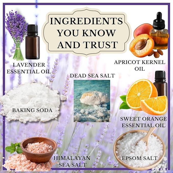 USA Made | 6 Lavender Self Care Gifts for Women, Bath Bombs (Truffles), Plant Based Dry Brush Body Brush Loofah, Epsom Salt Bath Soak, Handmade Soap, Herbal Bath Tea, Self Care Gift Box.