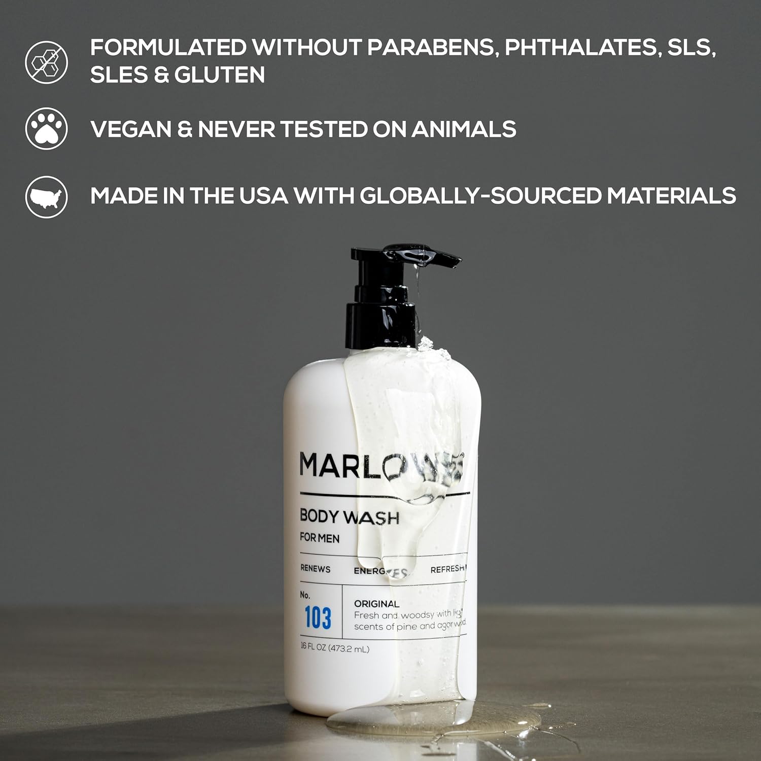 MARLOWE. No. 103 Body Wash 16 oz Pump, Original, Energizing & Refreshing Shower Gel with Willow Bark & Green Tea Extracts, Cleanses, Moisturizes, Smooths & Nourishes, Fresh Pine & Agarwood Scent