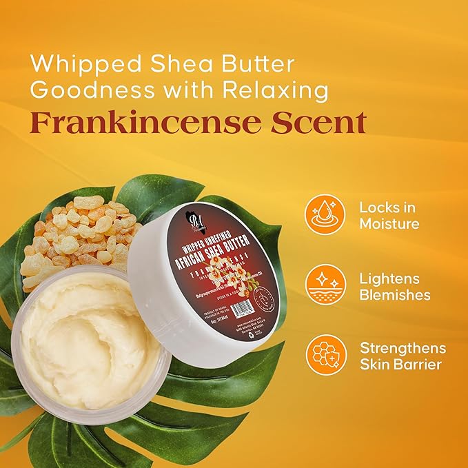 RA COSMETICS Whipped Shea Butter Frankincense - 6oz | 100% Pure & Natural African Shea Butter for Men & Women - Handcrafted Moisturizer with Essential Vitamins for Softer Lips, Healthier Skin & Hair