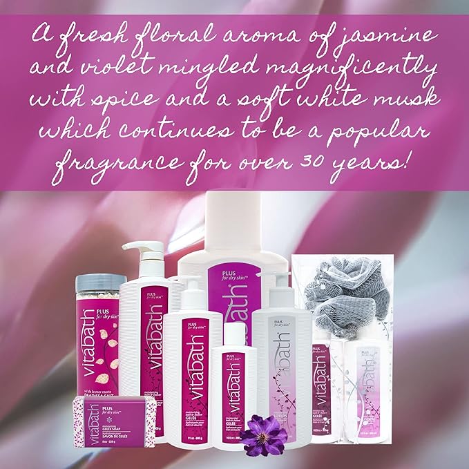 Vitabath Plus For Dry Skin Everyday Skincare Set Moisturizing Shower Gel Wash, Reviving Lotion & Exfoliating Body Scrubber Pouf - Nourishing Foam Cleanser & Dry Skin Hydration for Women & Men