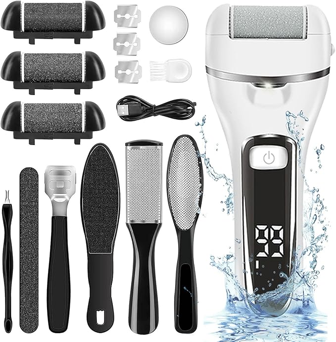 Premium Electric Foot Callus Remover Kit - 18 Piece Electric Foot Filer and Callous Remover Tool for Pedicure - Luxurious White