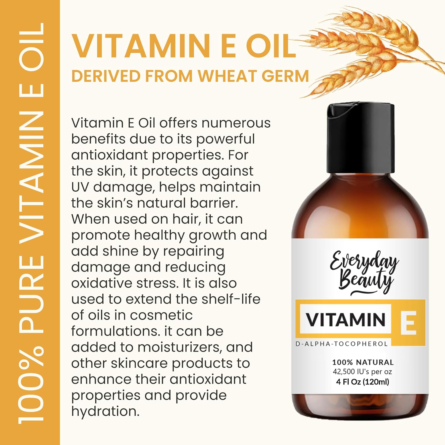 Pure Vitamin E Oil - D-Alpha Tocopherol 100% Pure & All Natural 4oz 42,500 IU per oz - Thick, Amber Color, Nutty Aroma - From Wheat Germ -Face Body Hair -DIY Cosmetics & After Surgery Scars