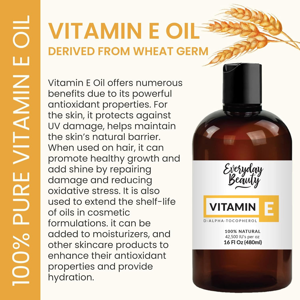 Pure Vitamin E Oil Bulk - 16 oz D-Alpha Tocopherol 100% Pure & All Natural 42,500 IU per oz - Not a Blend, Thick, Amber Color - from Wheat Germ - Face Body Hair - DIY Cosmetics & After Surgery Scars…