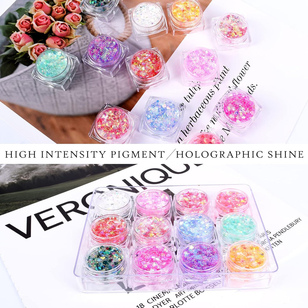 Ownest 12 Colors Holographic Chunky Glitter Gel Set, Christmas Party Makeup Face Body Eye Lips Hair Nail Cosmetic Festival Chunky Glitter Eyeshadow, Mixable, No Need Glue