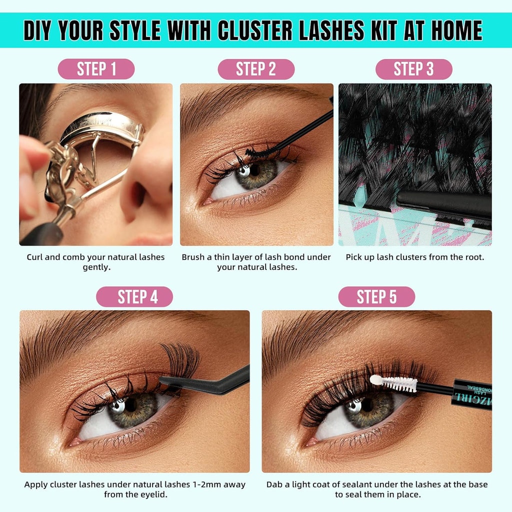 Lash Clusters Kit 320Pcs, 80 100D DIY Individual Extensions, Bond and Seal, Remover, Applicator Tool for False Eyelashes at Home (D-Mix10-16mm)