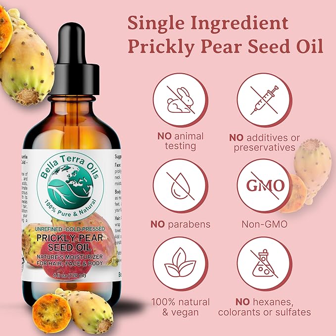 Bella Terra Oils - Prickly Pear Seed Oil 8 oz - Dive into the Richness of Cactus Oil, Bursting with Antioxidants & Minerals, Elevate Your Skin’s Vitality