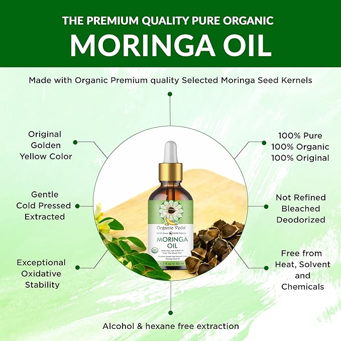 Organic Veda Moringa Oil Virgin 100% Pure & USDA Organic - Multi Purpose, Face, Hair & Skin, Nails, Fast Absorbing, Moisturizing & Beautifying - The Miracle Tree Moringa Oleifera Seed Oil, 1.7 fl.oz