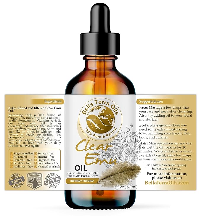 Bella Terra Oils - Clear Emu Oil 4oz - Inspired by Nature's Perfection, High in Omega-3 & Omega-6 Acids, Skin's Best Companion for Moisturization