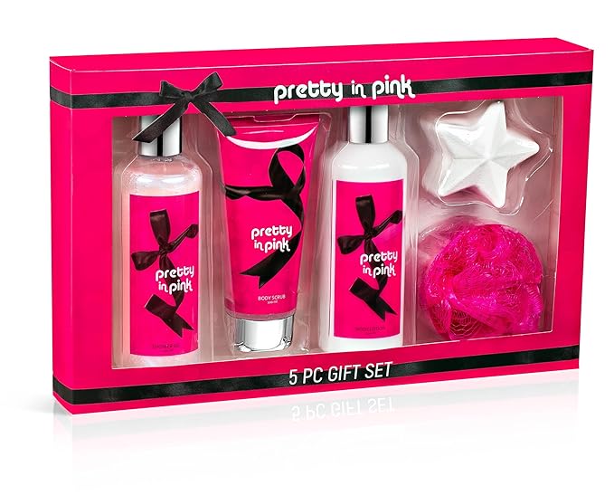 Freida & Joe Fragrance Bath & Body Collection Gift Box, Includes Shower Gel, Body Lotion, Body Scrub, Bath Bomb & Sponge (Pretty in Pink)