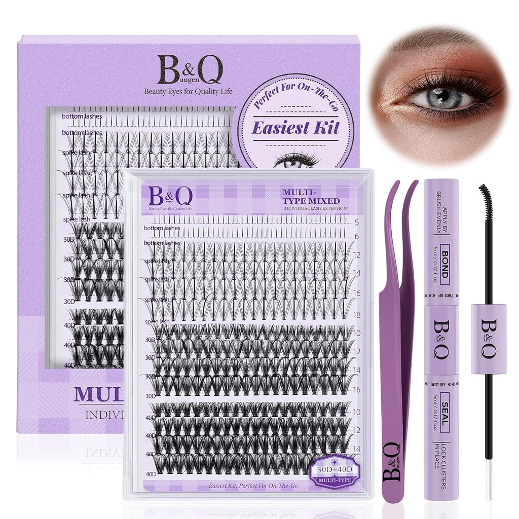 B&Qaugen B&Q Lash Extension Kit 10-16mm Eyelash Extension Kit Multi-Type A Lash Clusters Kit 256PCS Lash Clusters with Bottom Lashes, 7D Wispy Spikes Fans, Bond & Seal, Lash Tweezer （spike-A-10-16mm）